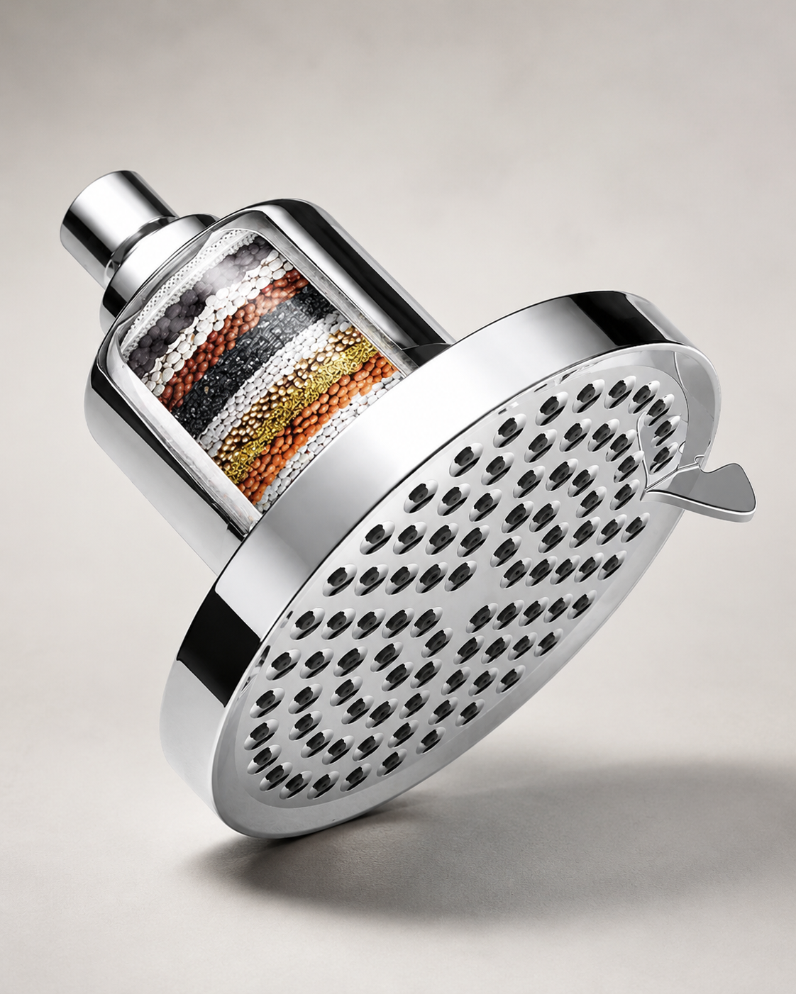 The Solen rainfall filtered shower head in chrome, showing the multi-layer filter