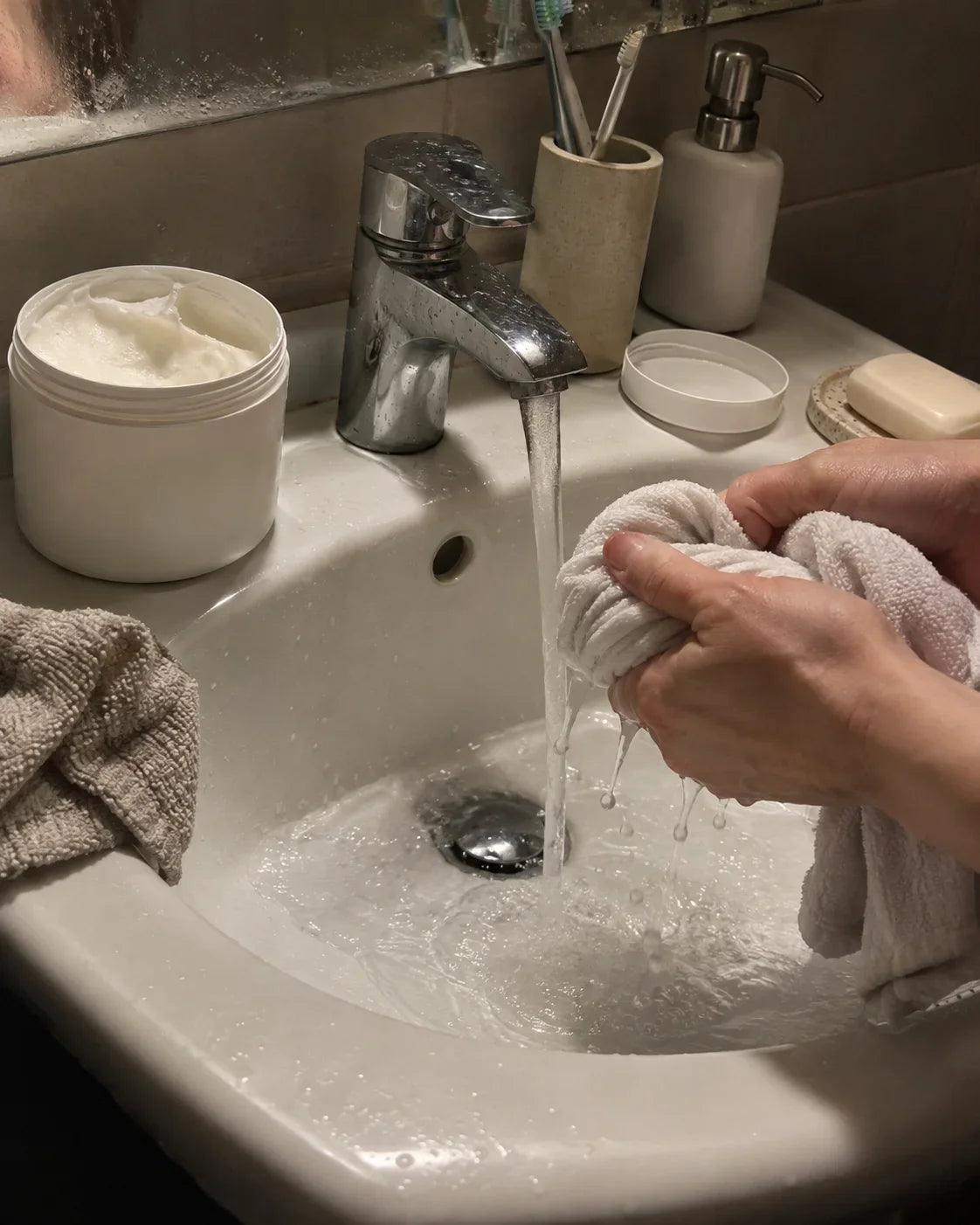 Hands wringing out a cotton sock under a running tap at the bathroom sink, a tub of emollient on the side