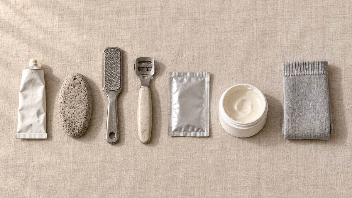 Six used foot-care objects laid in a row on linen — tube, pumice, metal file, callus shaver, peel sachet, open tub — with one folded grey sock set apart at the end