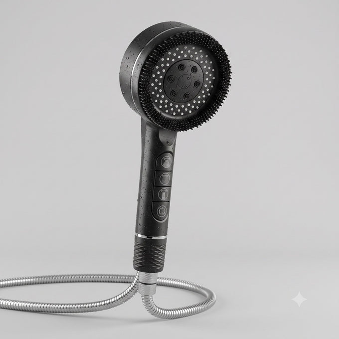 Solen Base Shower Filter in matte black with stainless steel hose