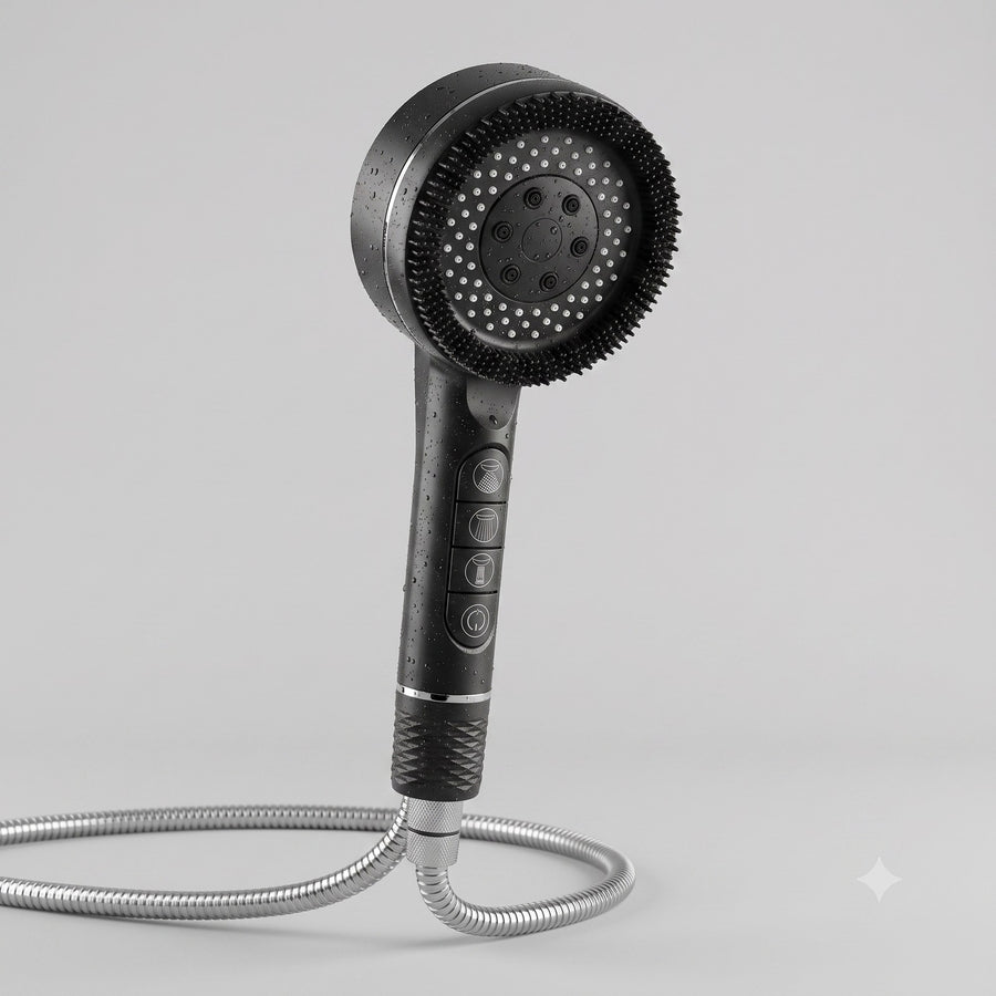 Solen Base Shower Filter in matte black with stainless steel hose