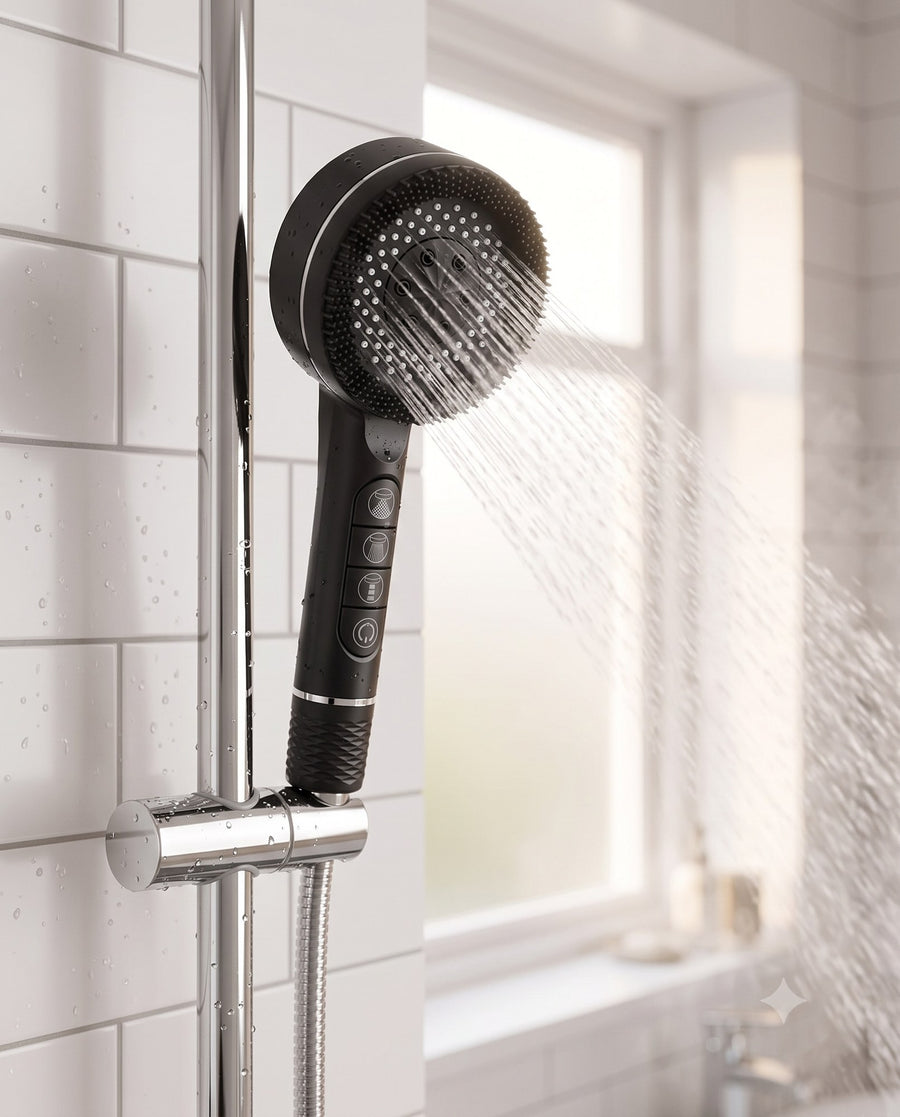 Solen Base Shower Filter mounted on a chrome rail in a UK bathroom with water running