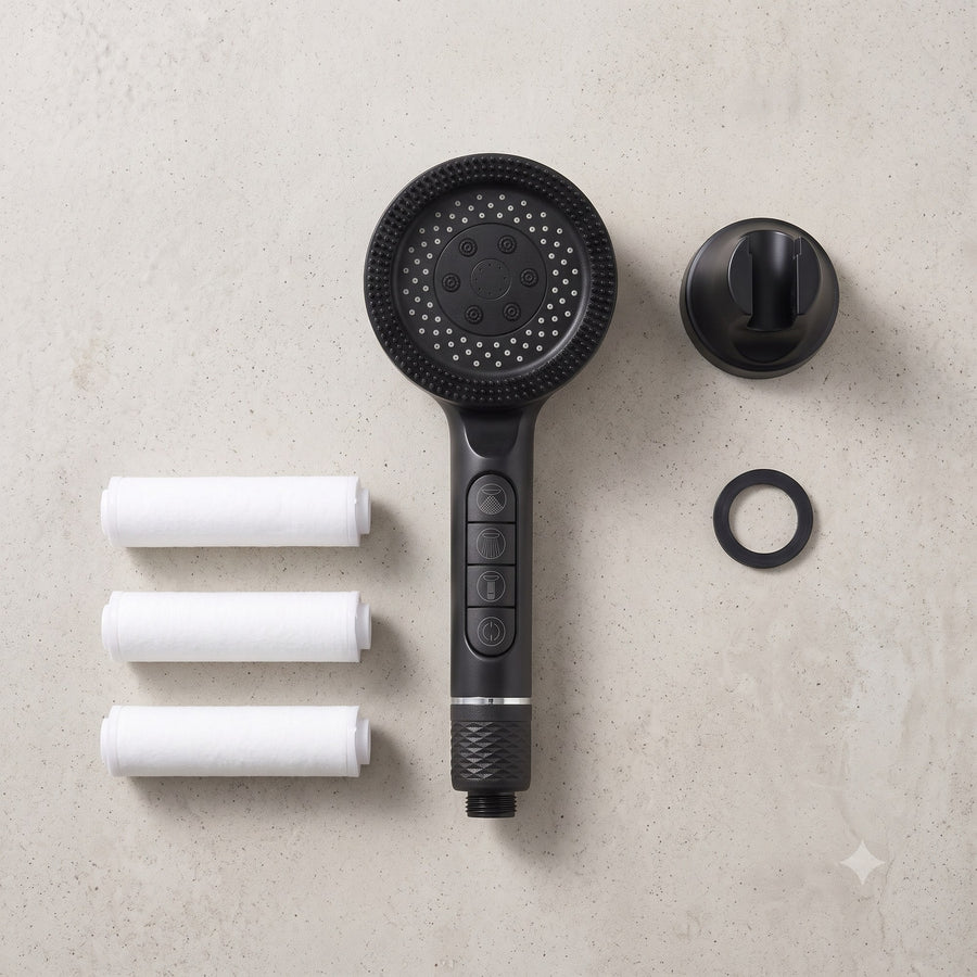 What's included: shower filter, three replacement cartridges, wall bracket and washer