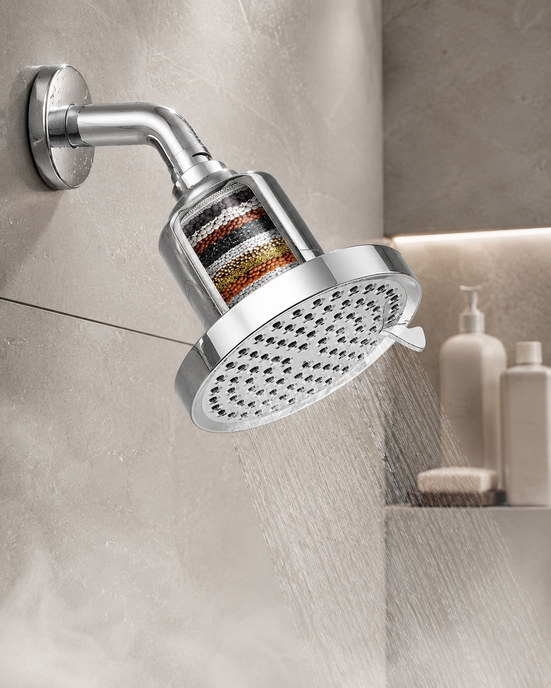 The Solen rainfall shower head fitted to a shower arm and running