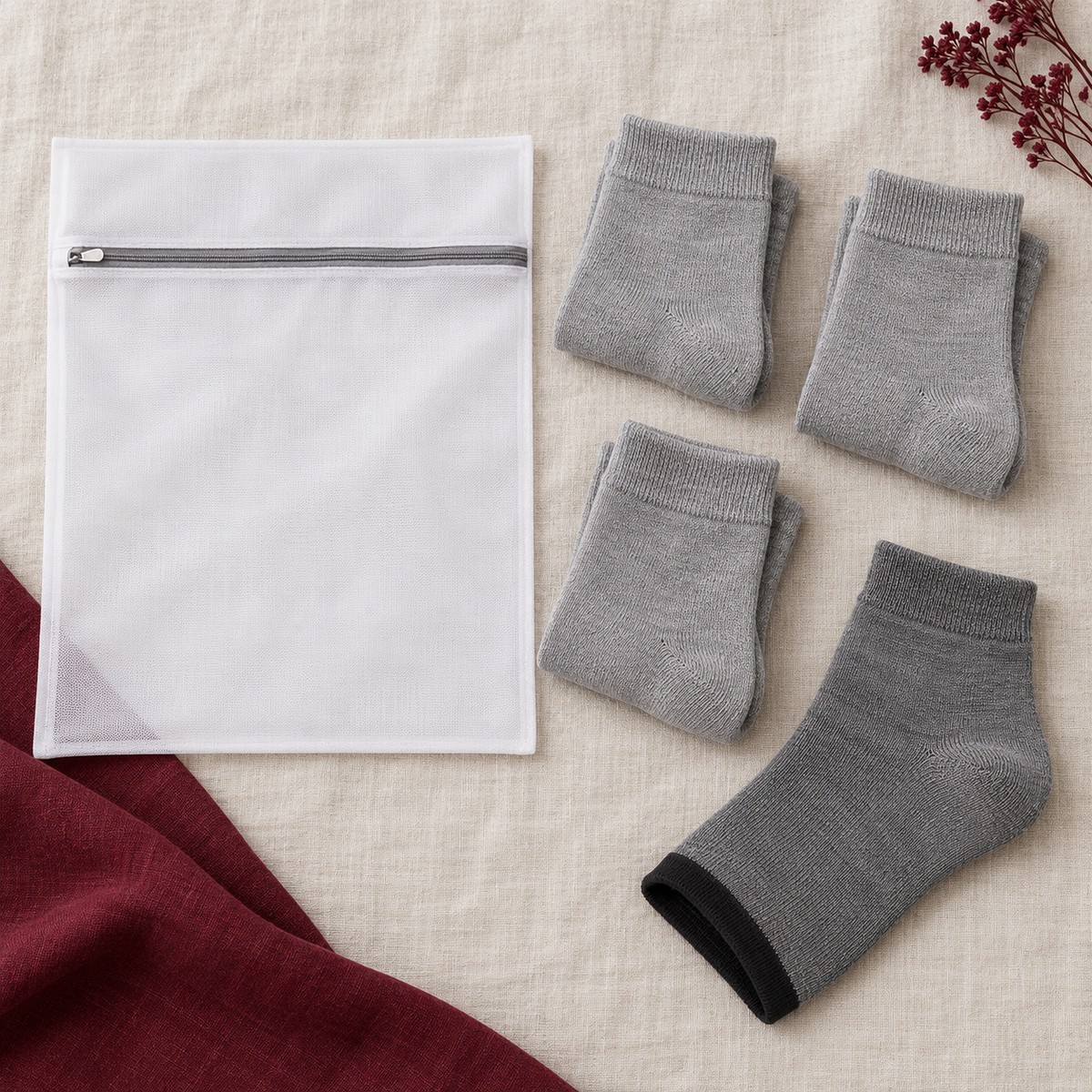 The kit: Day Socks, Night Sleeve, mesh bag