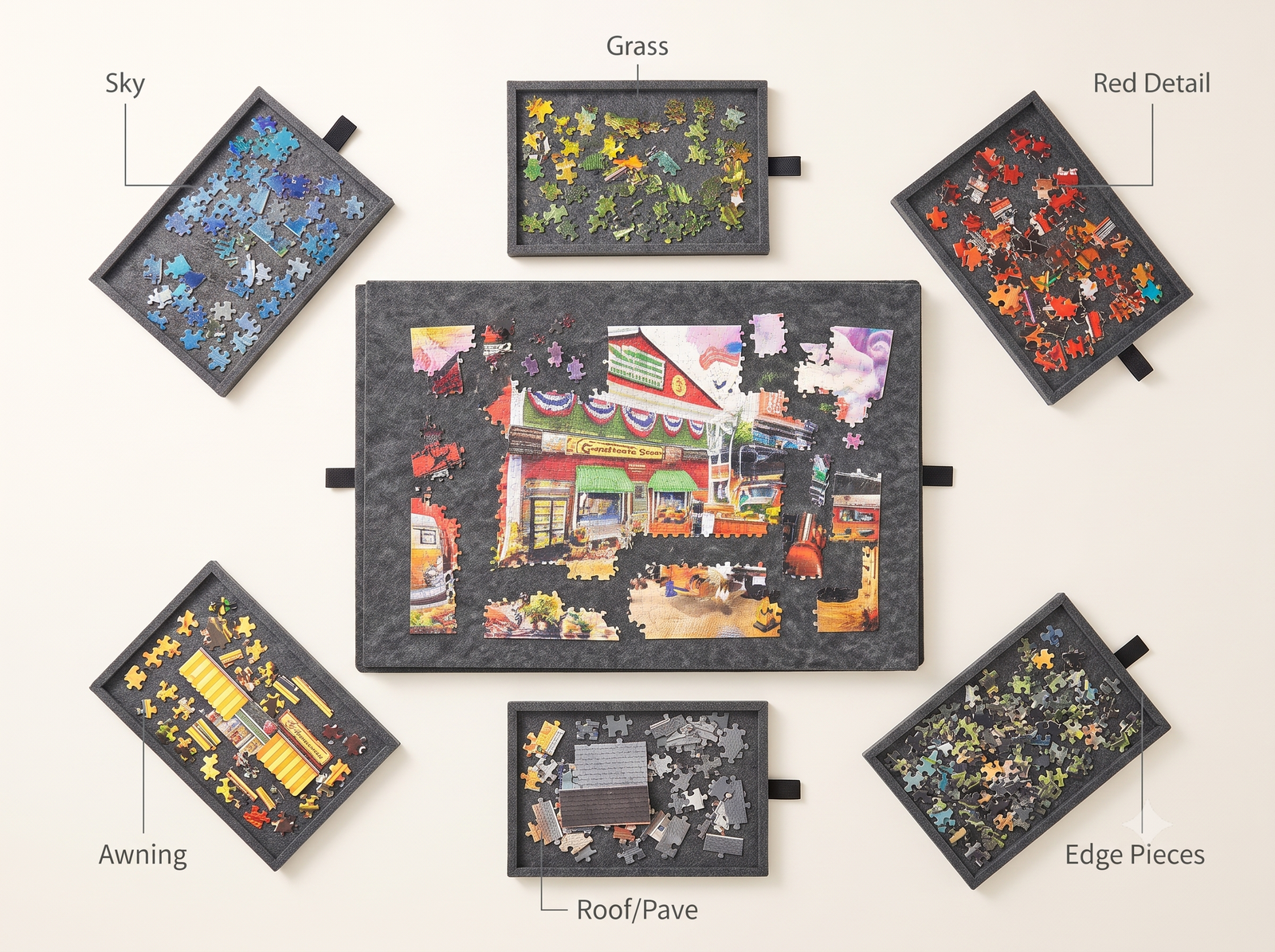 PuzzleNest tilting puzzle board in charcoal felt with six removable sorting trays