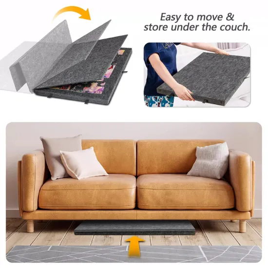 The six removable felt sorting trays holding separated puzzle pieces by colour