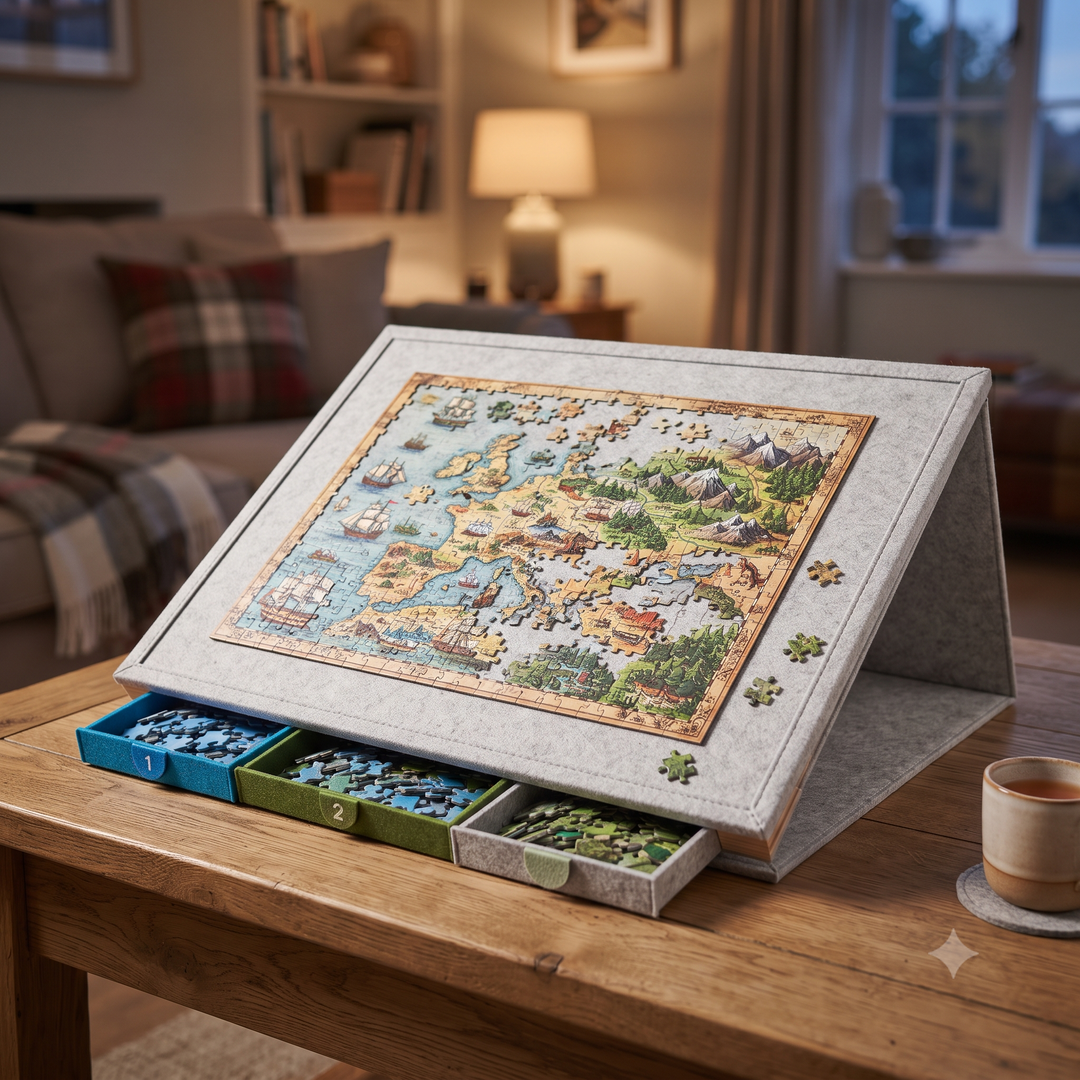 PuzzleNest tilting puzzle board set up at an angle with a half-finished 1,000-piece jigsaw, in a warm living room
