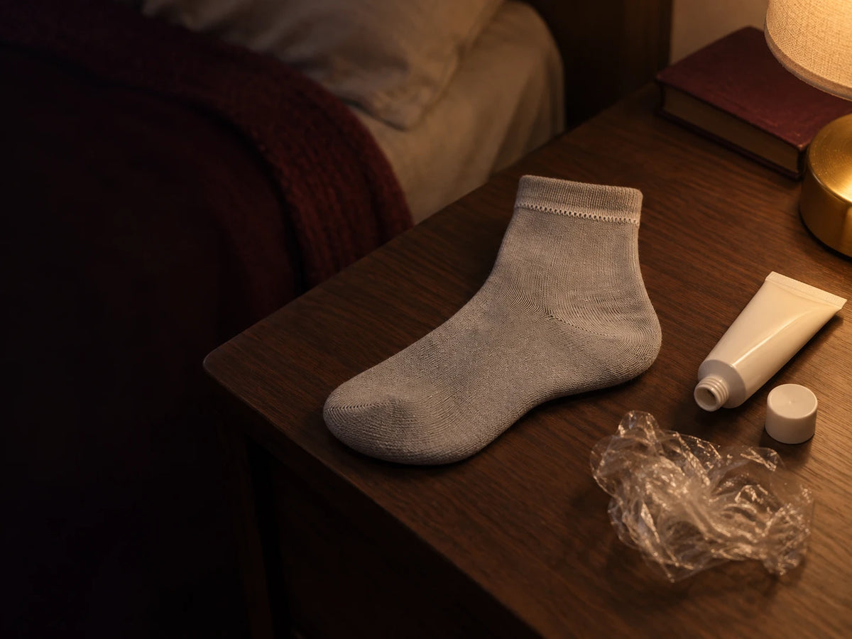 HERO — bedside at night: lamp, cream, balled-up sock, cling film. Tungsten 3200K, phone-camera register.