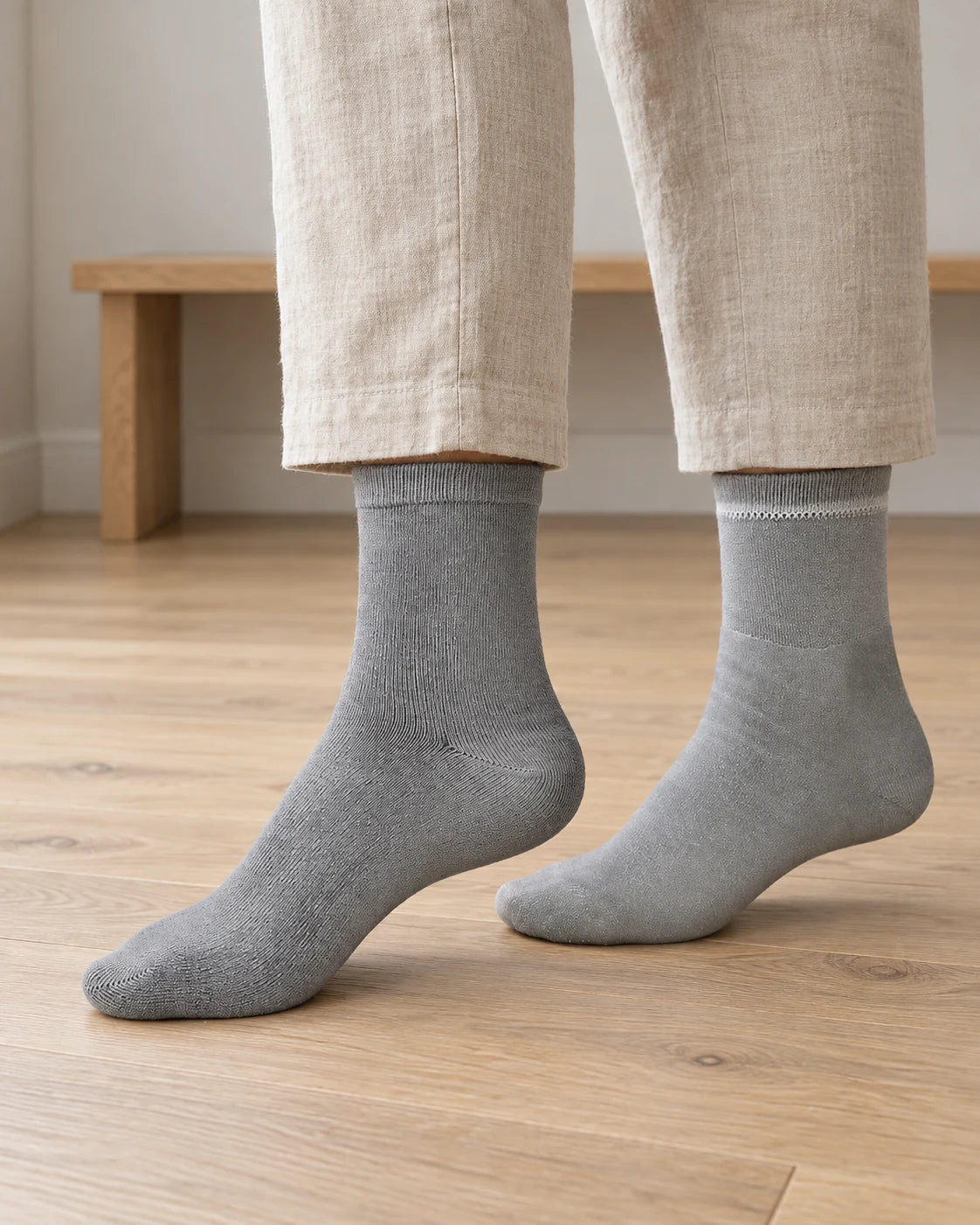 Day Socks worn on an oak floor